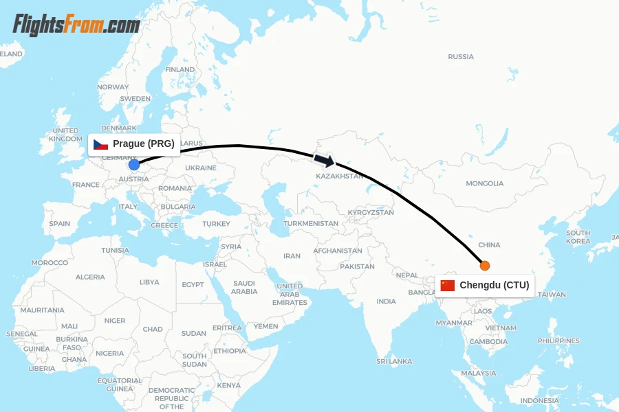 Flights from Prague to Chengdu route map