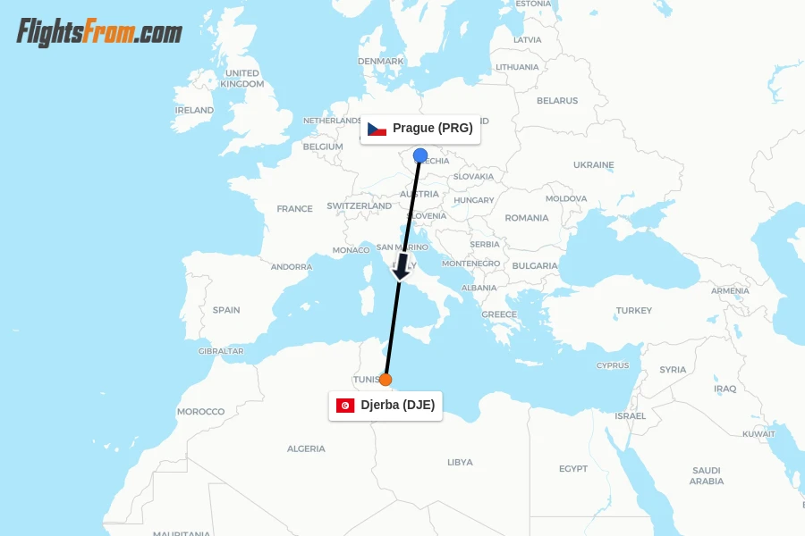 Flights from Prague to Djerba route map