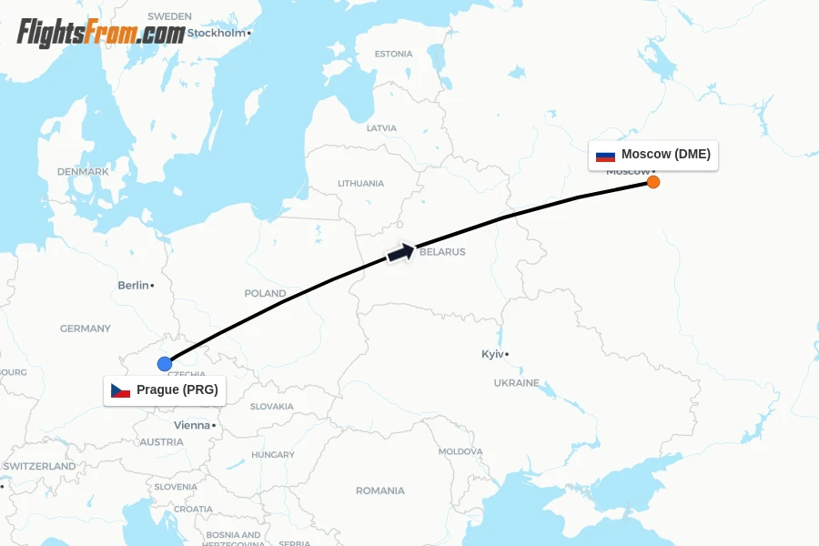 Flights from Prague to Moscow route map