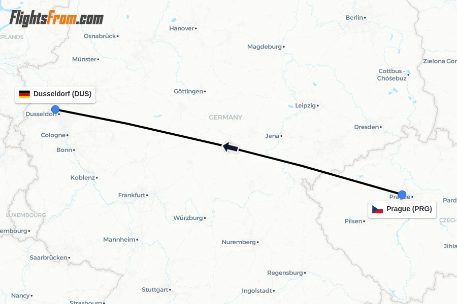 Flights from Prague to Dusseldorf route map