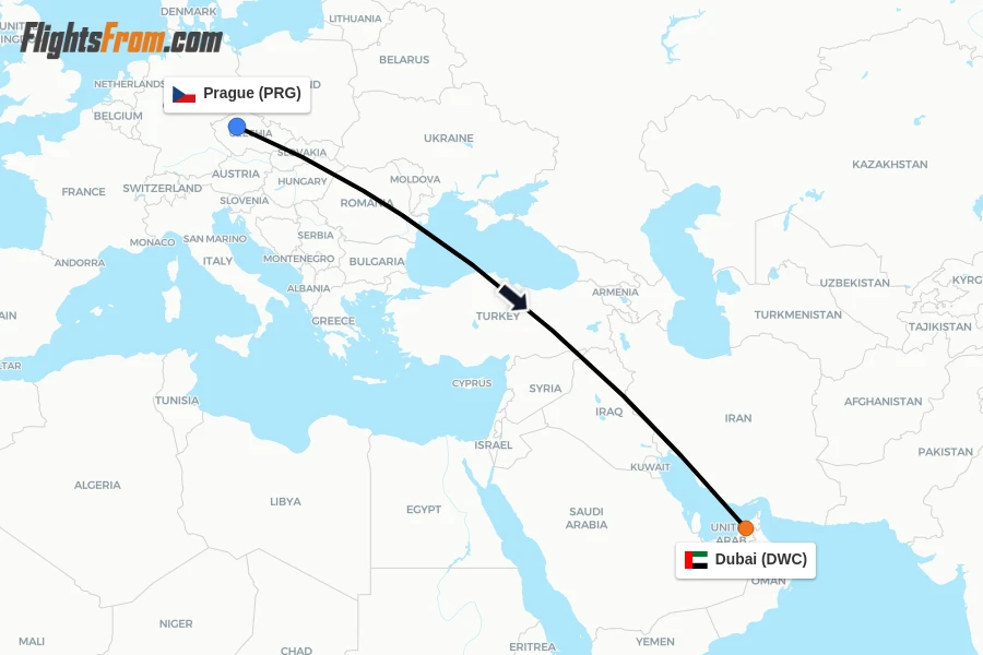 Flights from Prague to Dubai route map
