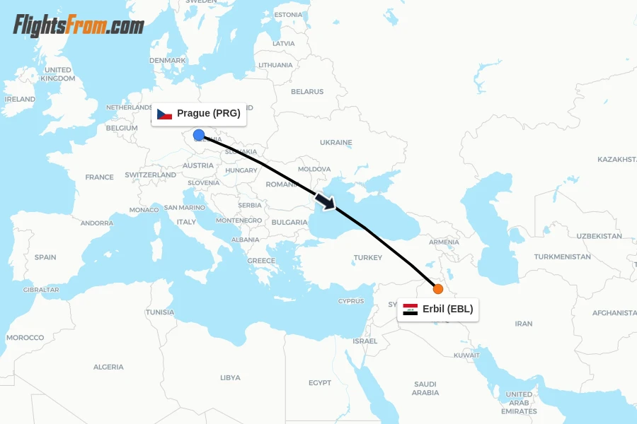 Flights from Prague to Erbil route map