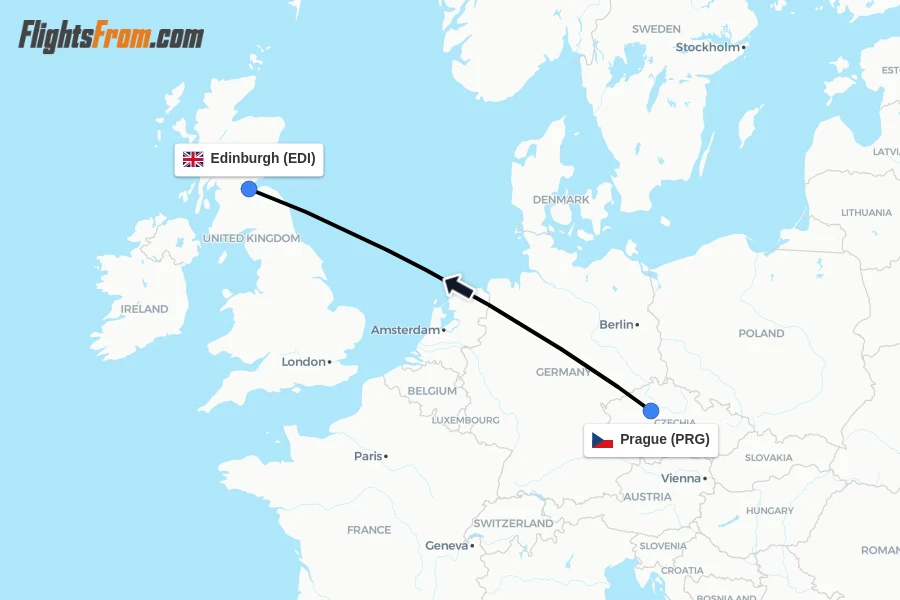 Flights from Prague to Edinburgh route map