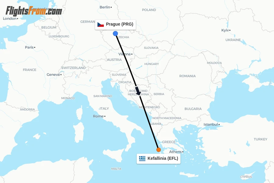 Flights from Prague to Kefallinia route map