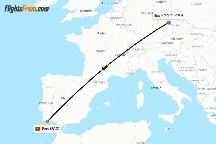 Flights from Prague to Faro route map