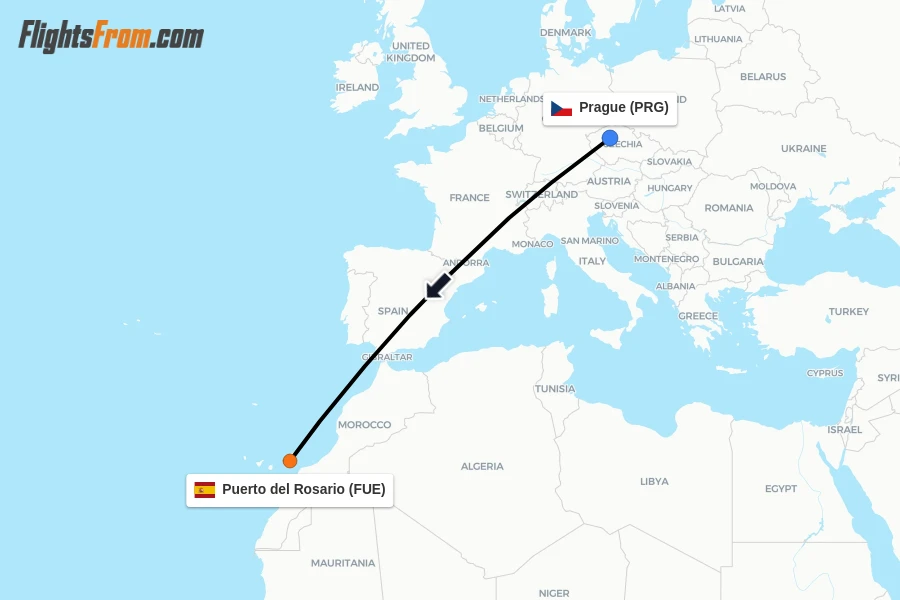 Flights from Prague to Puerto del Rosario route map