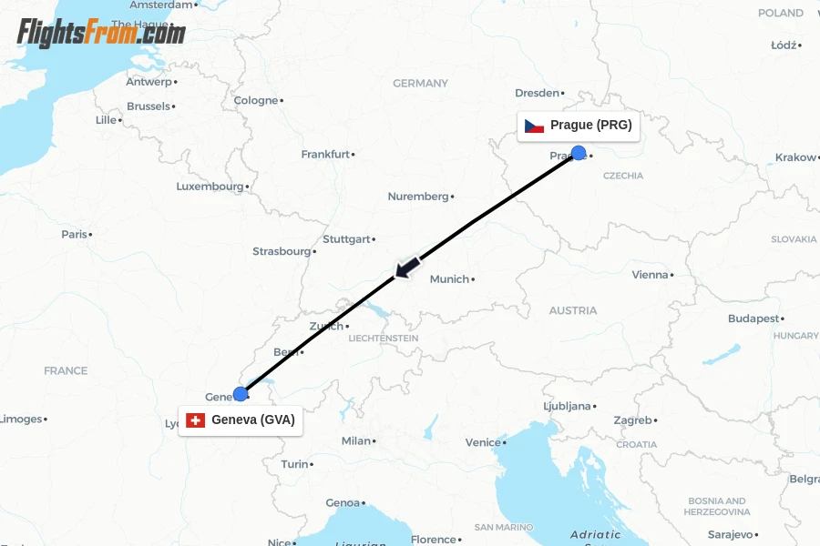 Flights from Prague to Geneva route map
