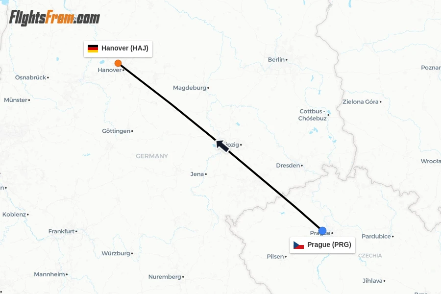 Flights from Prague to Hanover route map