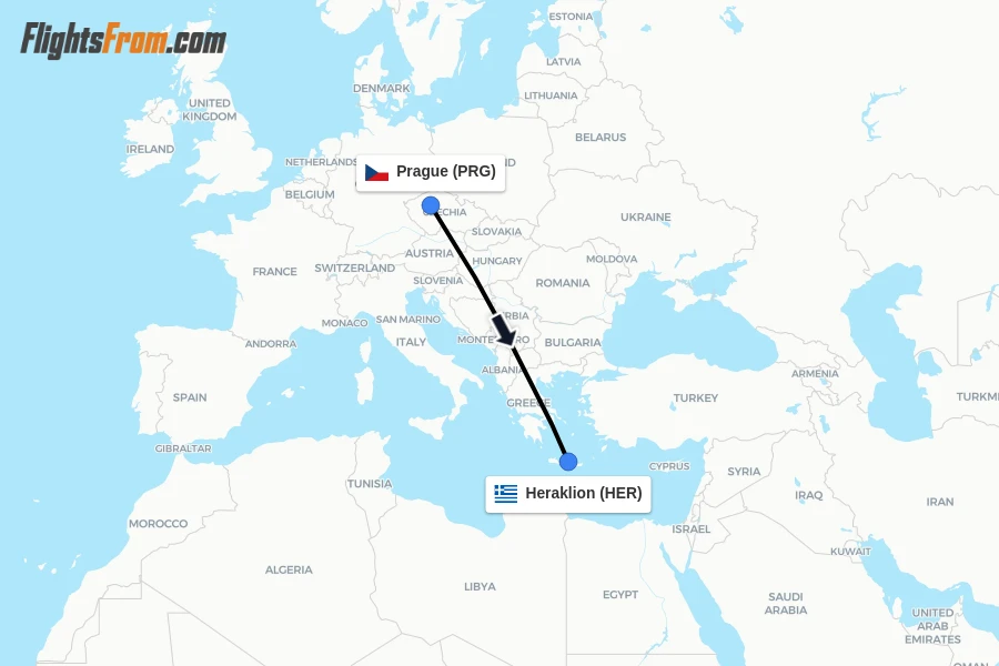 Flights from Prague to Heraklion route map