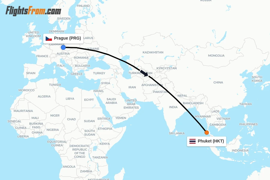 Flights from Prague to Phuket route map