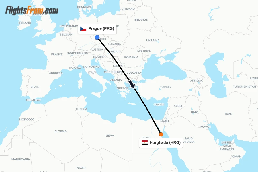 Flights from Prague to Hurghada route map