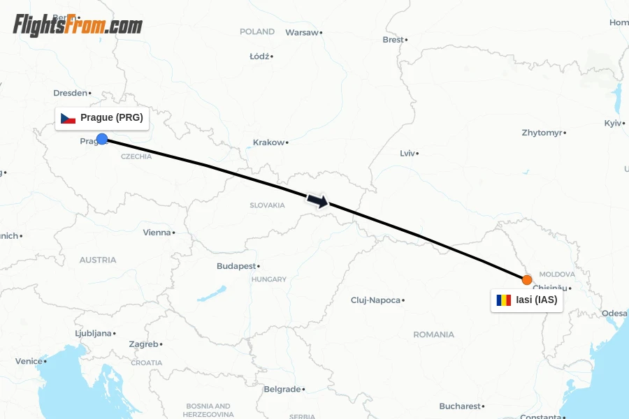 Flights from Prague to Iasi route map