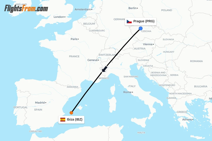 Flights from Prague to Ibiza route map