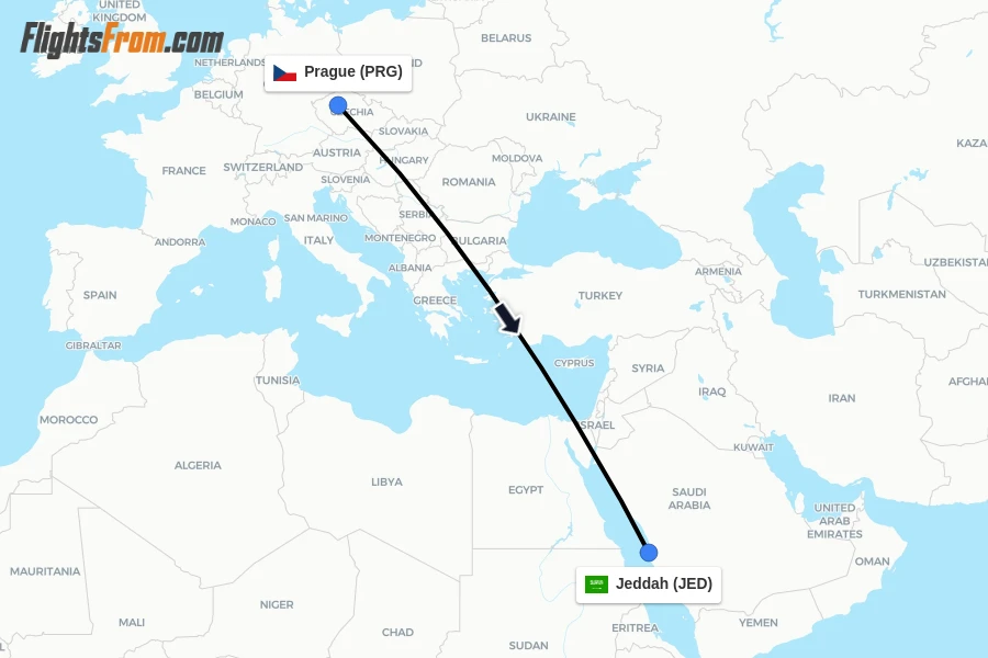 Flights from Prague to Jeddah route map