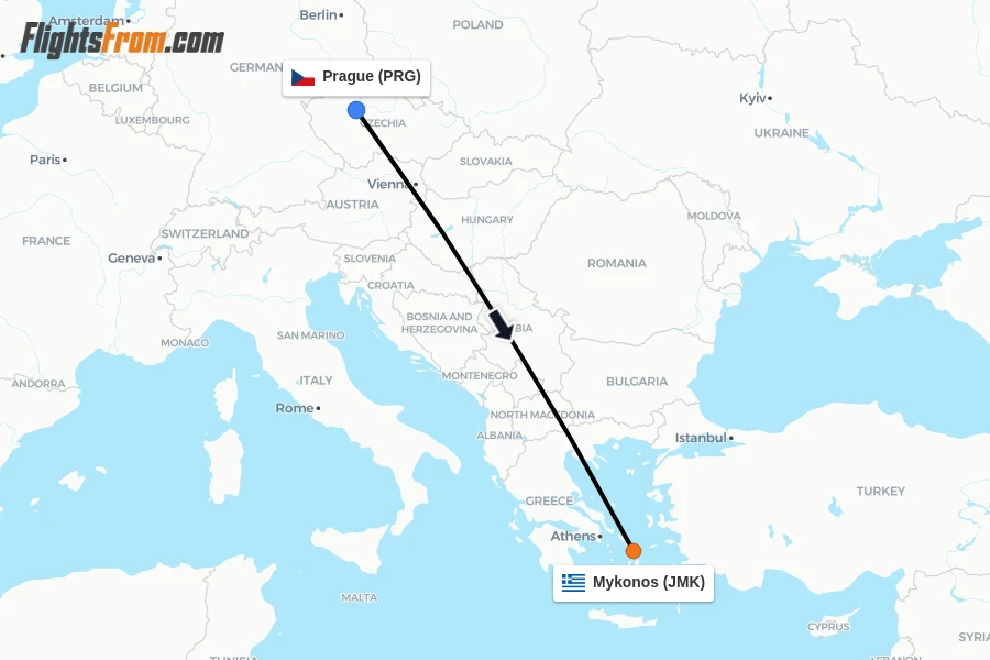 Flights from Prague to Mykonos route map