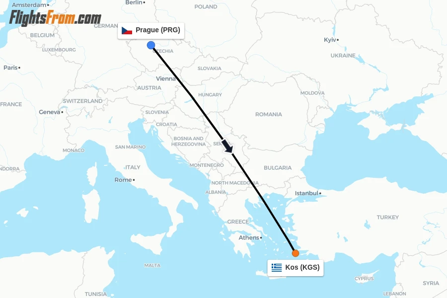 Flights from Prague to Kos route map