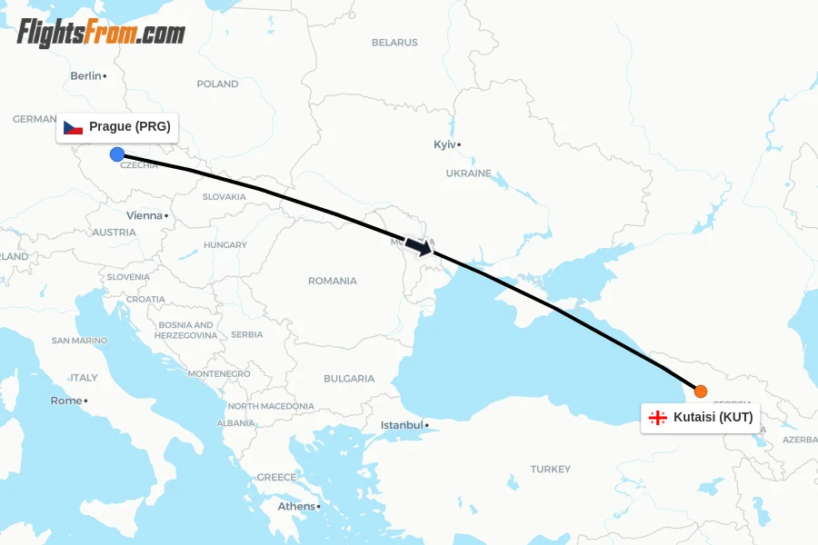 Flights from Prague to Kutaisi route map