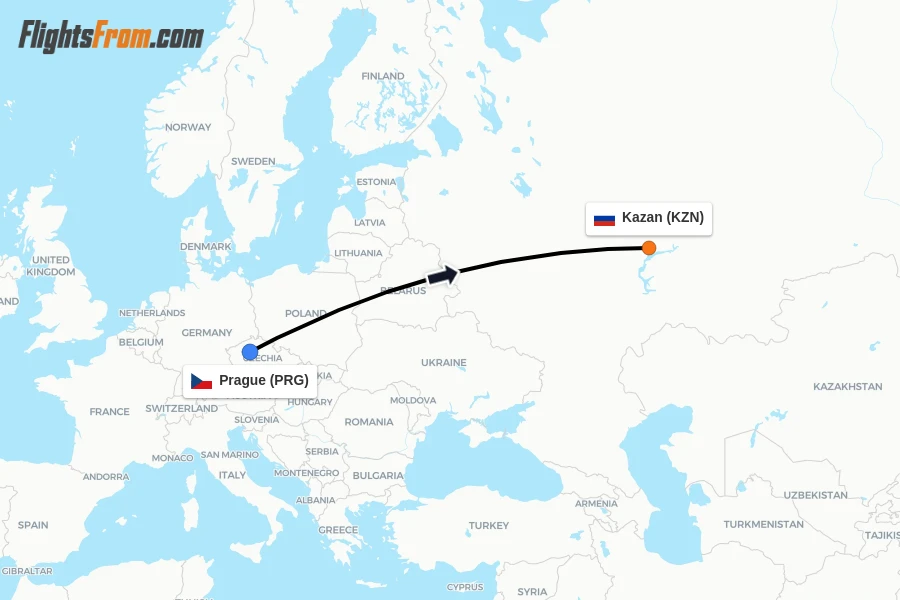 Flights from Prague to Kazan route map