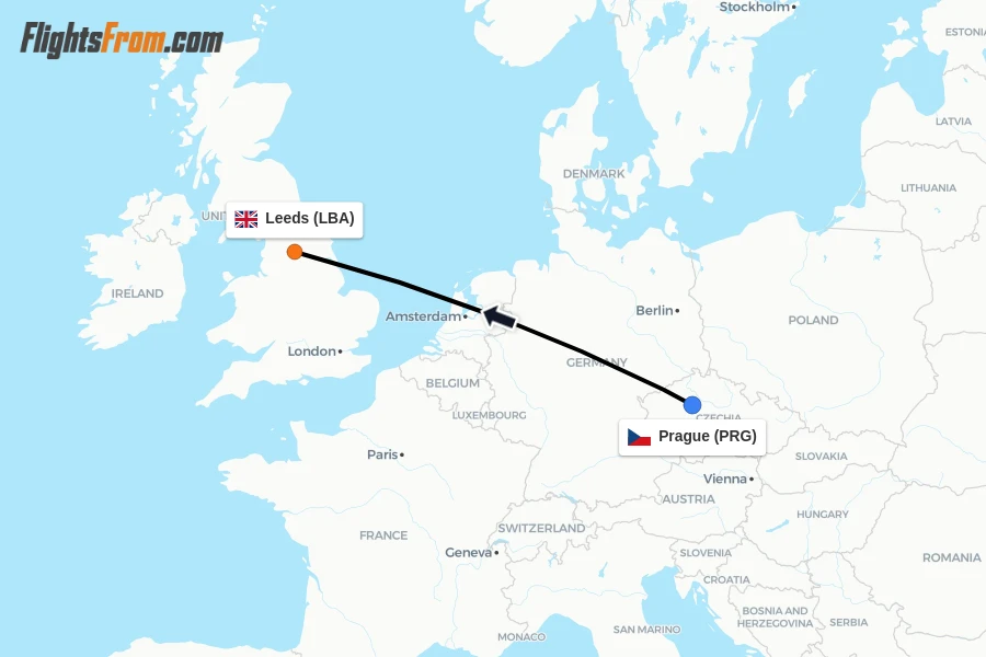 Flights from Prague to Leeds route map