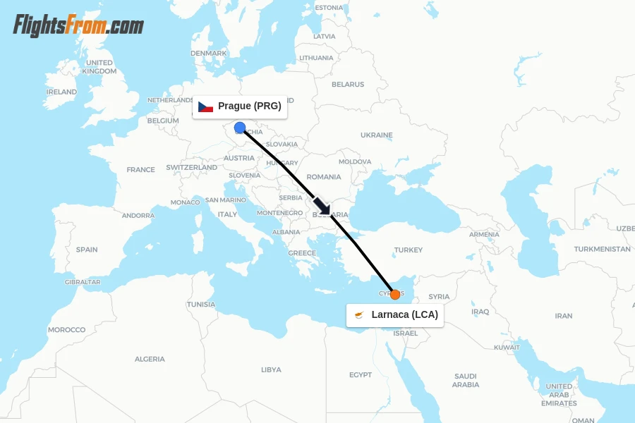 Flights from Prague to Larnaca route map
