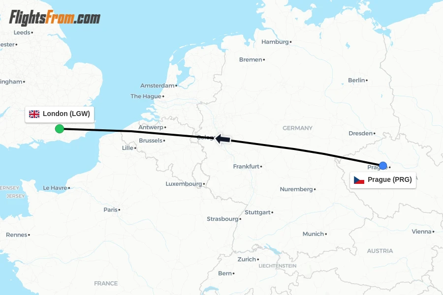 Flights from Prague to London route map