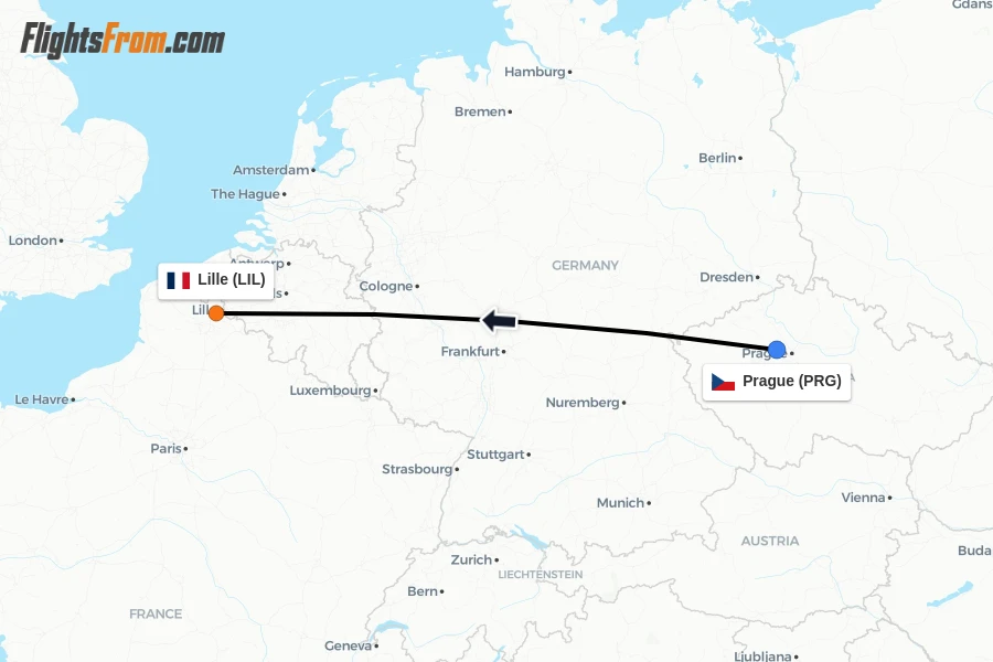 Flights from Prague to Lille route map