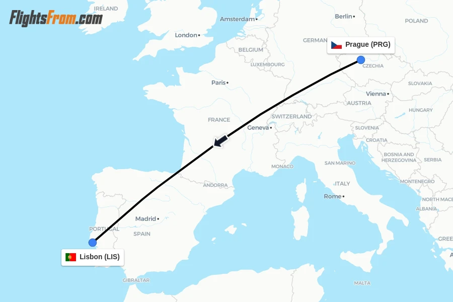 Flights from Prague to Lisbon route map