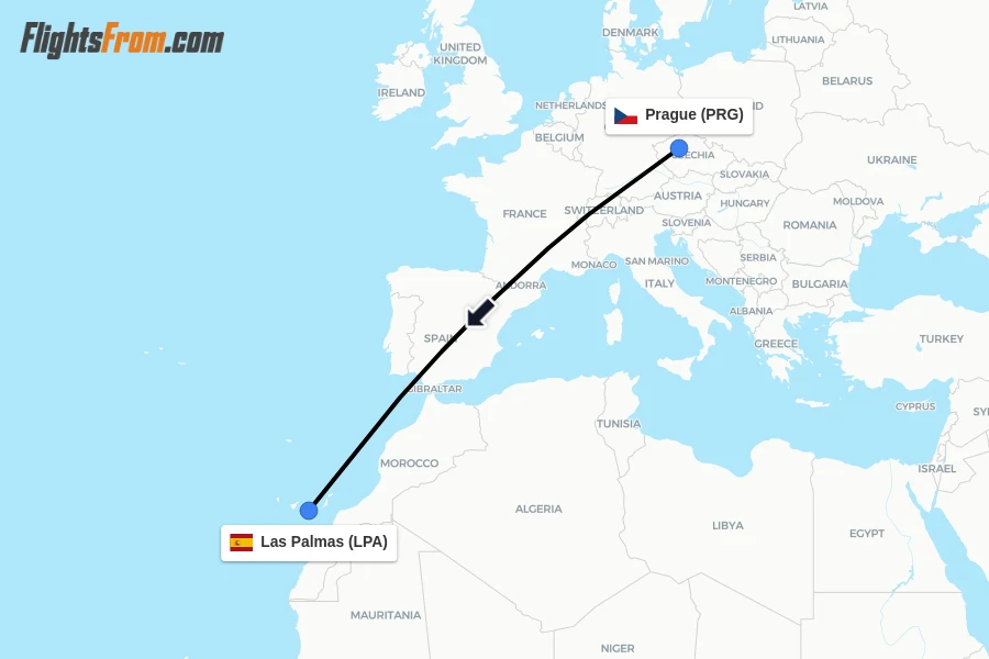 Flights from Prague to Las Palmas route map