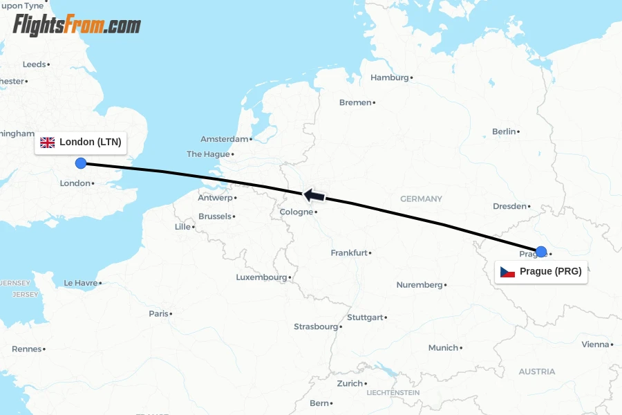 Flights from Prague to London route map
