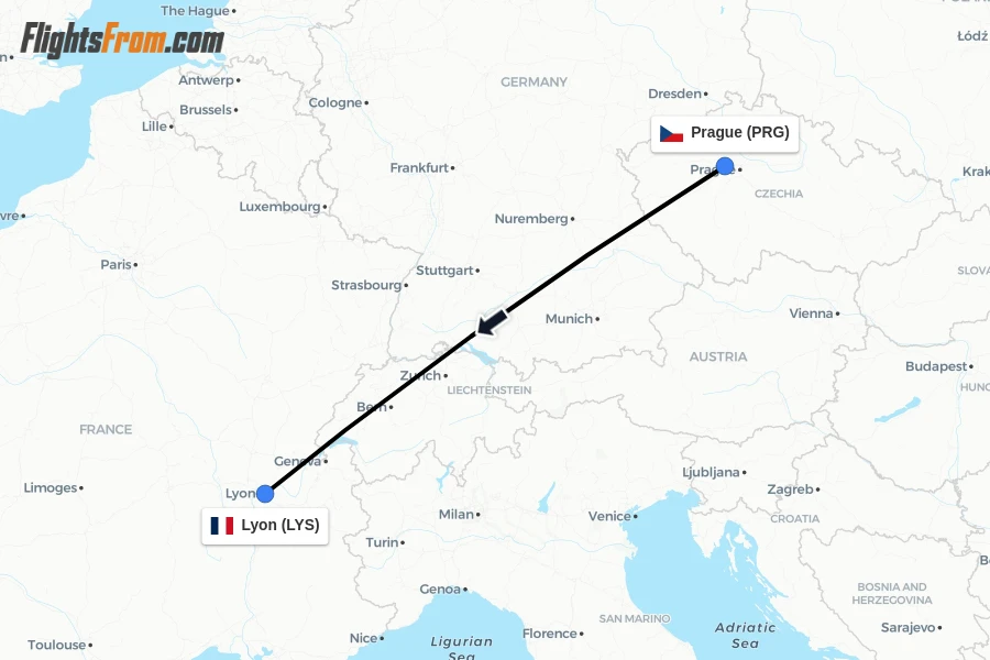 Flights from Prague to Lyon route map