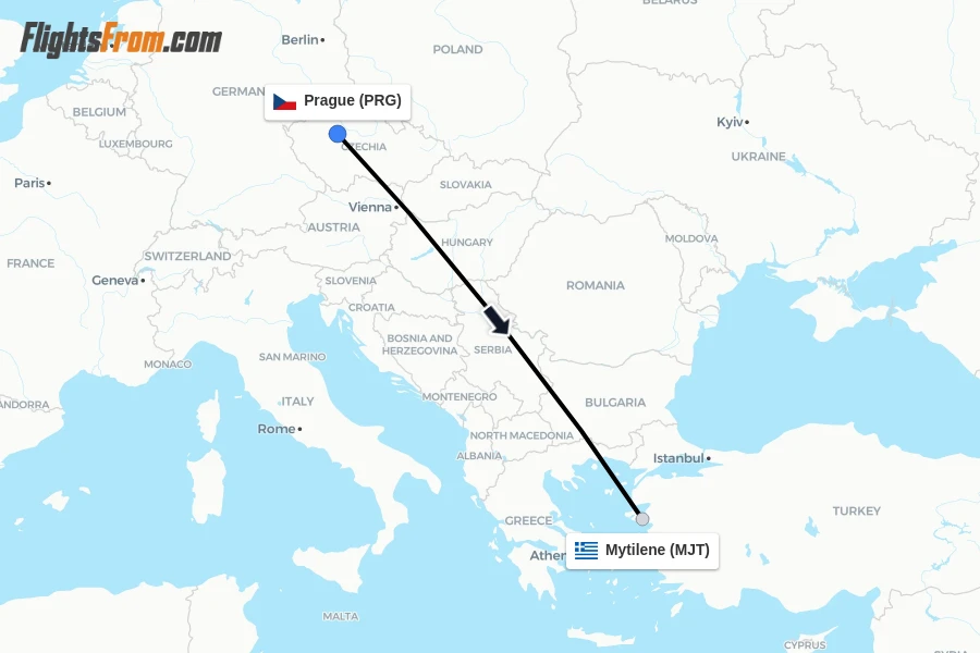 Flights from Prague to Mytilene route map