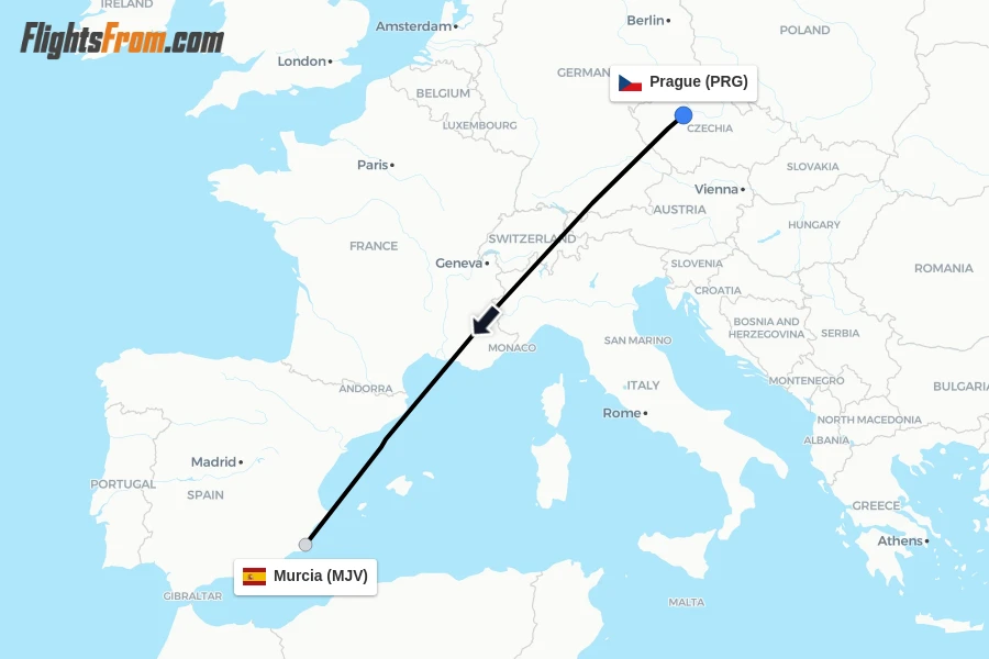 Flights from Prague to Murcia route map
