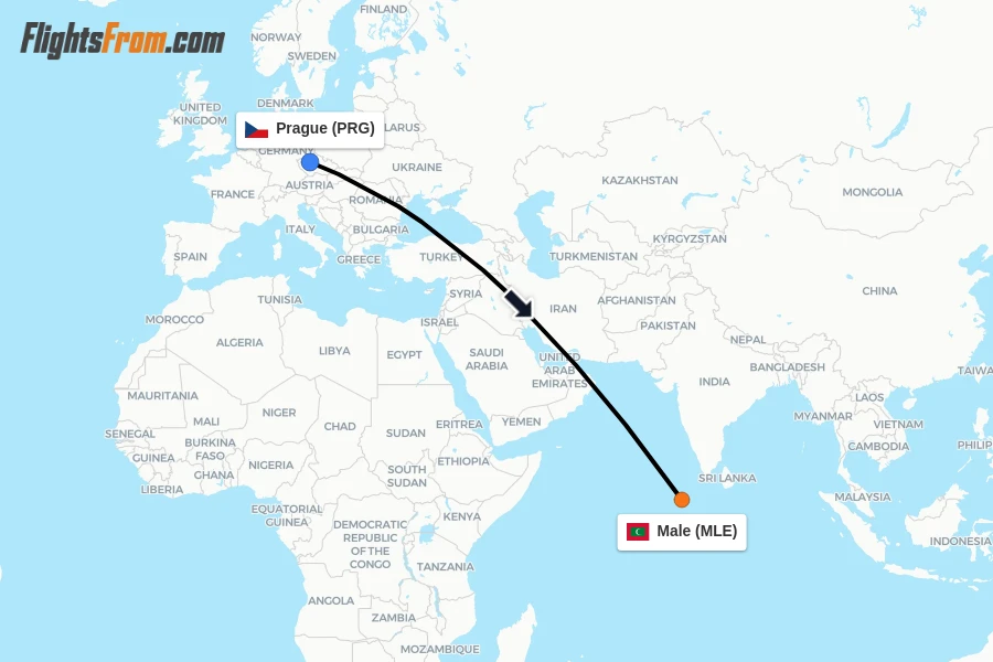 Flights from Prague to Male route map