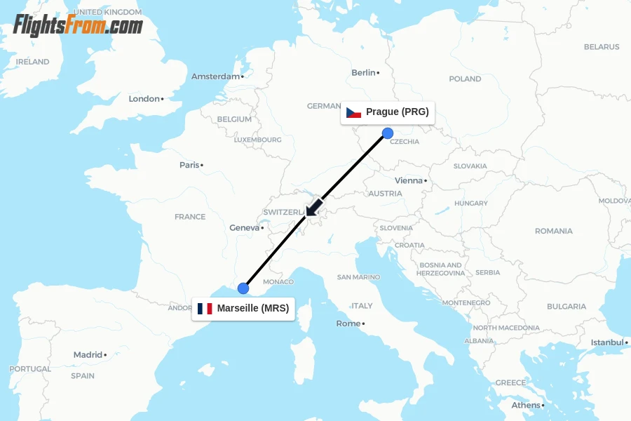 Flights from Prague to Marseille route map