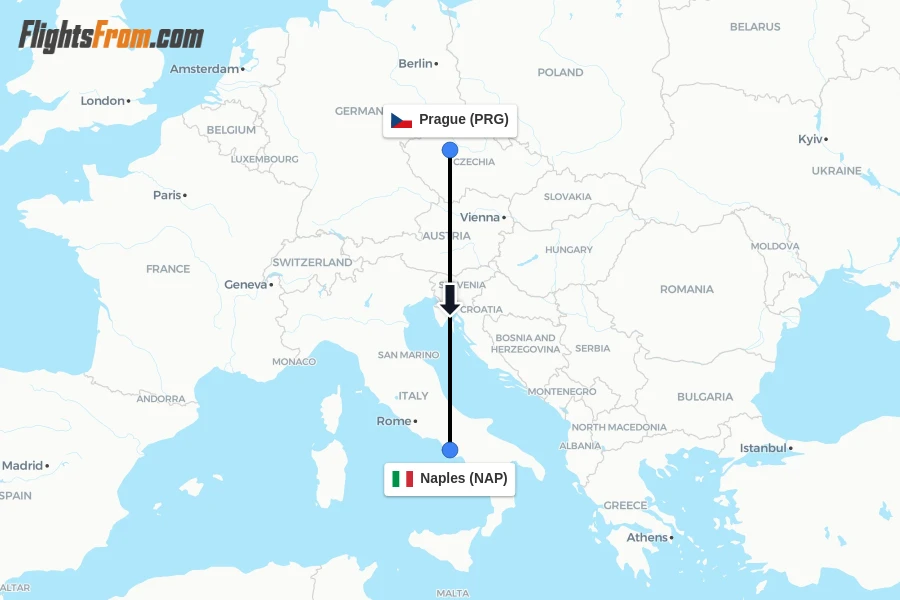Flights from Prague to Naples route map