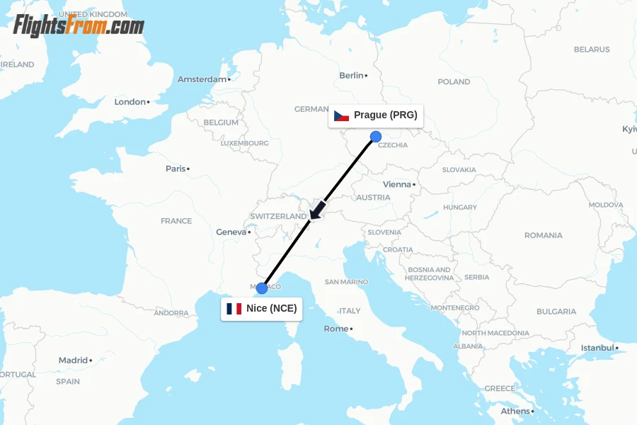 Flights from Prague to Nice route map