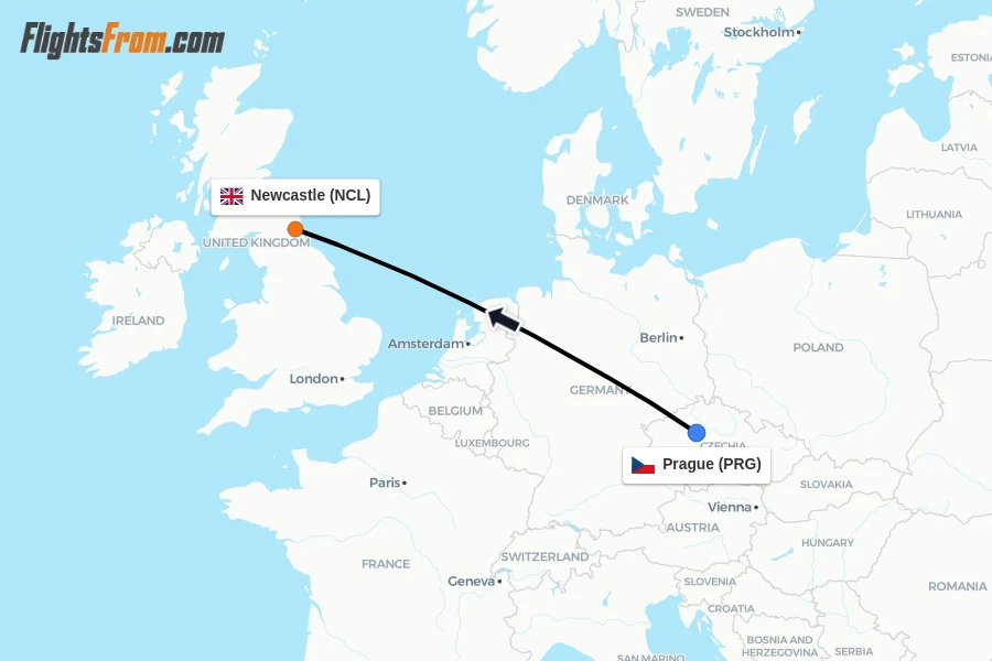 Flights from Prague to Newcastle route map
