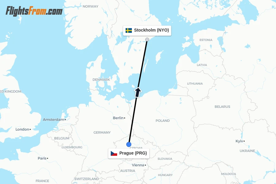 Flights from Prague to Stockholm route map