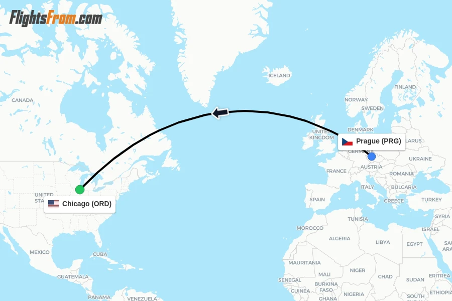 Flights from Prague to Chicago route map
