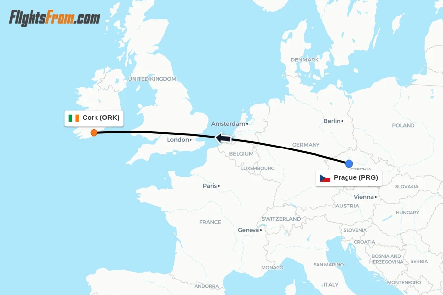 Flights from Prague to Cork route map