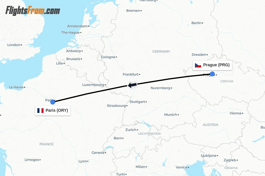 Flights from Prague to Paris route map