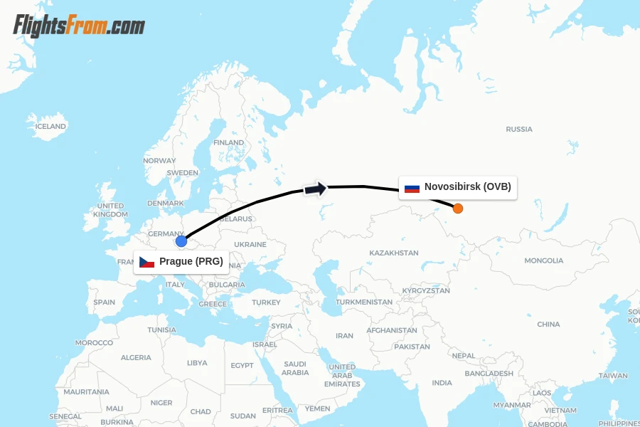 Flights from Prague to Novosibirsk route map