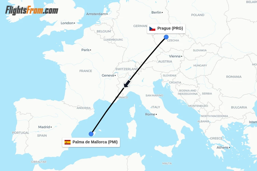 Flights from Prague to Palma de Mallorca route map