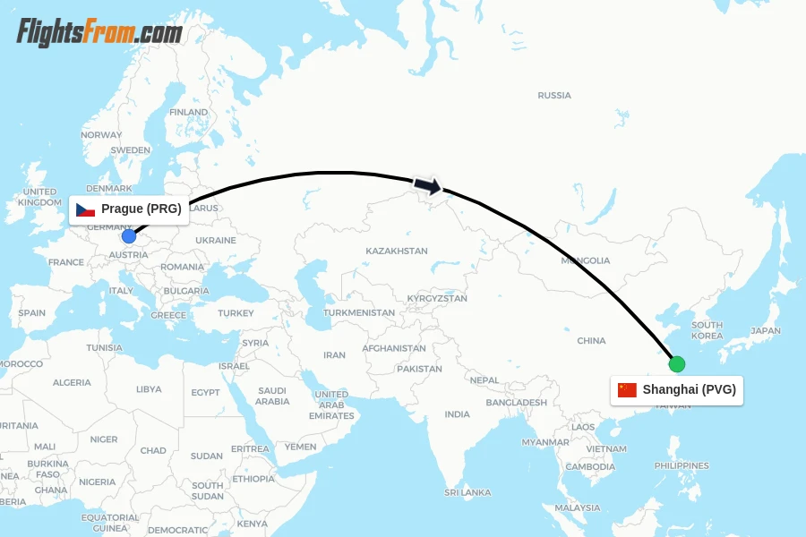 Flights from Prague to Shanghai route map