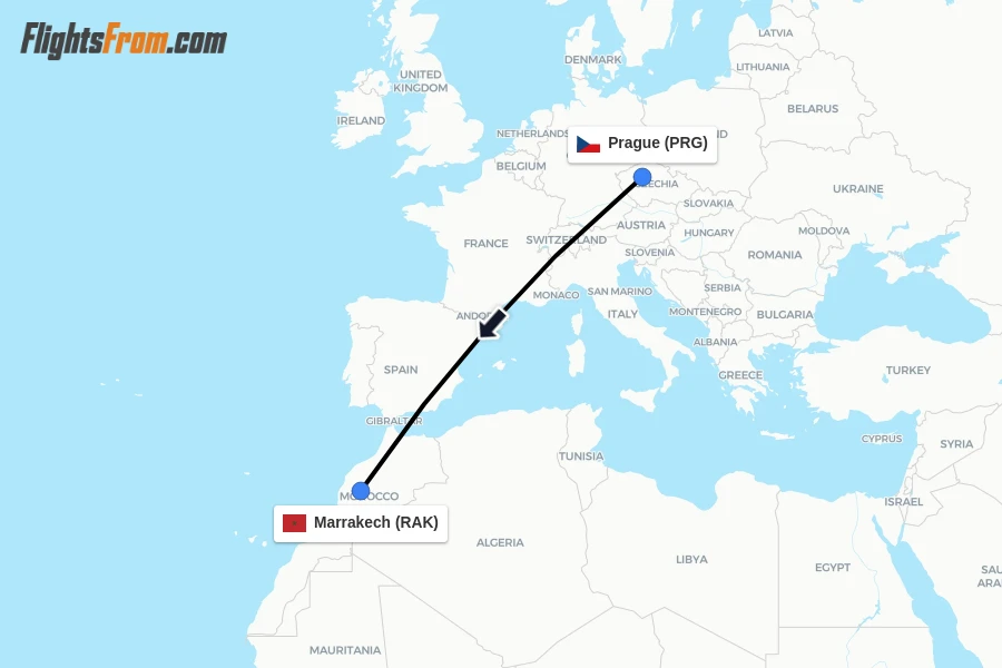 Flights from Prague to Marrakech route map