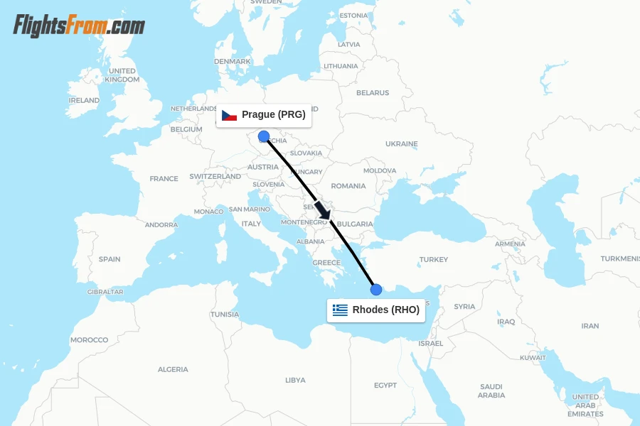 Flights from Prague to Rhodes route map