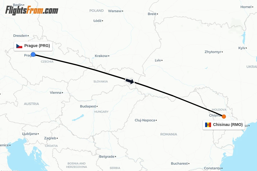 Flights from Prague to Chisinau route map