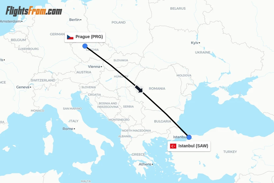 Flights from Prague to Istanbul route map