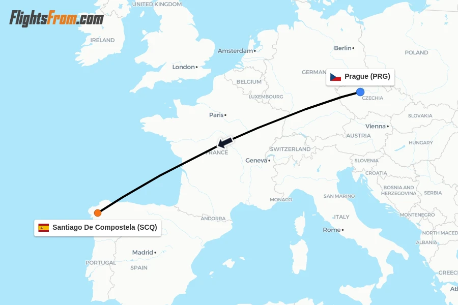 Flights from Prague to Santiago De Compostela route map