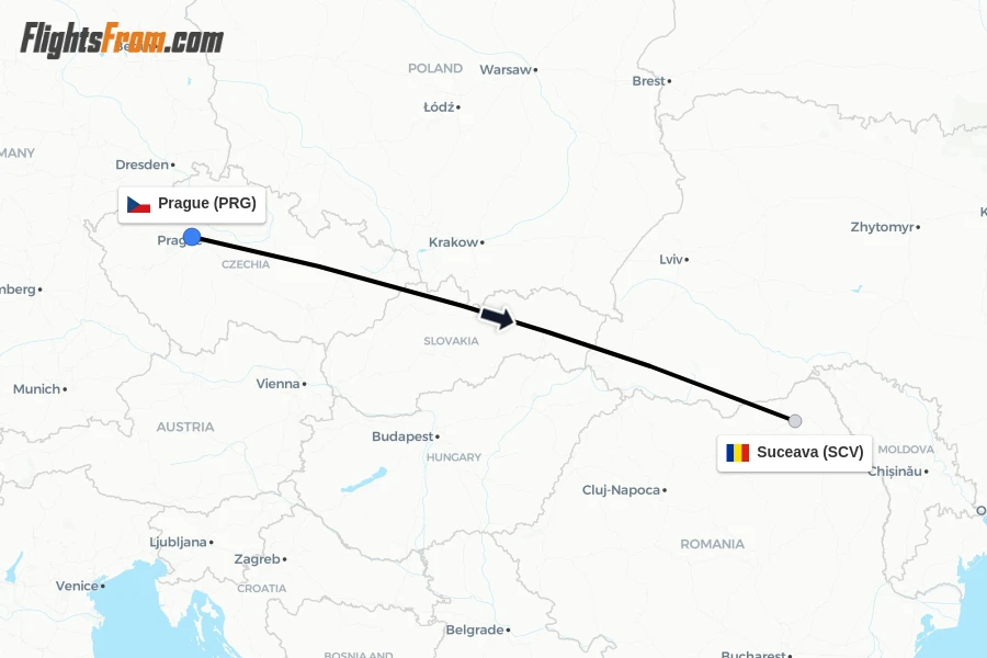 Flights from Prague to Suceava route map